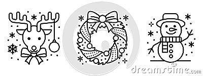 Outlined Moose, Snowman Icon set â€“ Christmas icon vector illustration Design Vector Illustration